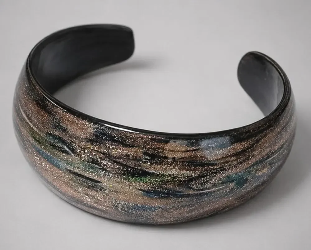Vintage Sparkly Bronze Tones Glass Cuff Bracelet, Wide Statement Bracelet cfb